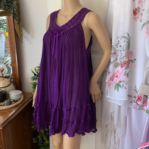 Purple Gauze sleeveless boho tunic mini dress babydoll top L - Picture 13 of 13
